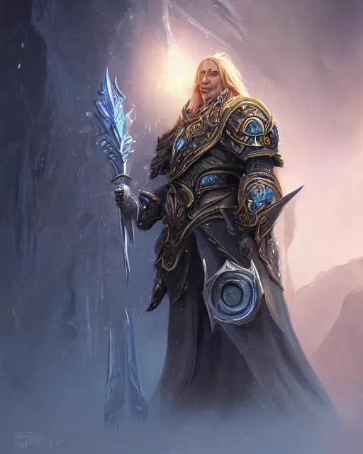 Image similar to portrait of arthas menethil, fantasy, intricate, sharp focus, lens flare, bloom, rim light, illustration, highly detailed, digital painting, concept art, matte, art by ruan jia. front view