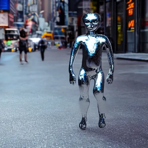 Image similar to a t - 1 0 0 0 cat made of liquid metal walking in the streets of new york city and frightening all the people around, volumetric lighting, sharp focus, ultra detailed, cgsociety - w 1 0 2 4 - n 8 - i