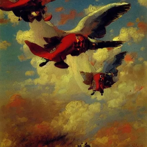 Image similar to zepplins with wings, brightly coloured oil on canvas, by ilya repin