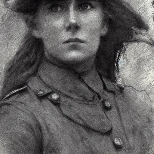 Prompt: ww 1 action heroine, by alfred stevens in charcoal