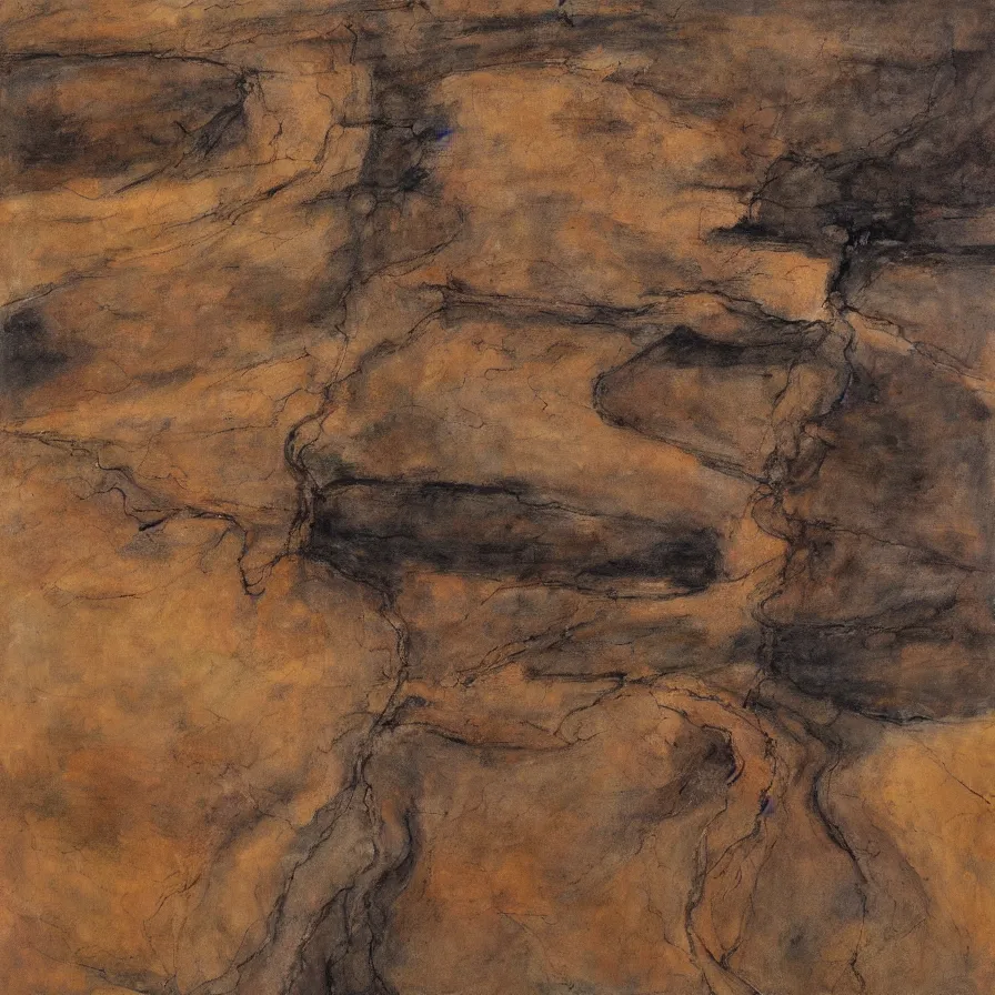 Image similar to Expressionist artwork illustrating a road that plunges into the horizon, inspired by photographers such as Aaron Siskind using earth-tone color palette.