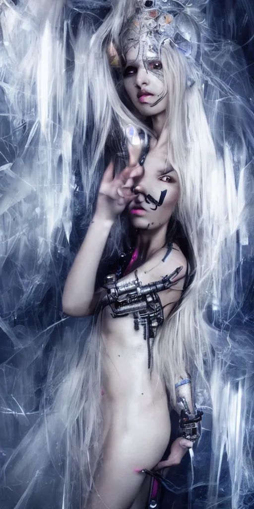 Image similar to hyperrealistic futuristic high fashion photography, girl in studio, full body, cybernetic parts by luis royo, asian, vogue magazine, nomad masterpiece, nano parts, neon lights, smoke, eerie music, beautiful intricate face and flawless skin, tribal jewelry, tattoos, perfect hands, head piece, by Edgar Maxence and Ross Tran and Michael Whelan, 8k, octane render