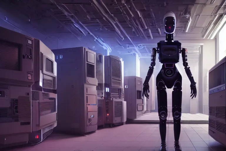 Image similar to hyperrealism stock photography of highly detailed stylish humanoid robot in sci - fi cyberpunk style by gragory crewdson and vincent di fate with many details by josan gonzalez working in the highly detailed data center by mike winkelmann and laurie greasley hyperrealism photo on dsmc 3 system rendered in blender and octane render