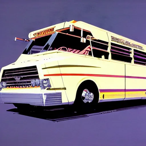 Image similar to concept art for chainsaw bus, painted by syd mead, high quality