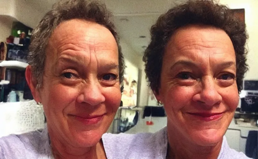 Image similar to my aunt look like Tom Hanks if he was a woman lol, close-up, uncomfortable, phone quality, camera flash on, viral photo, viral on instagram