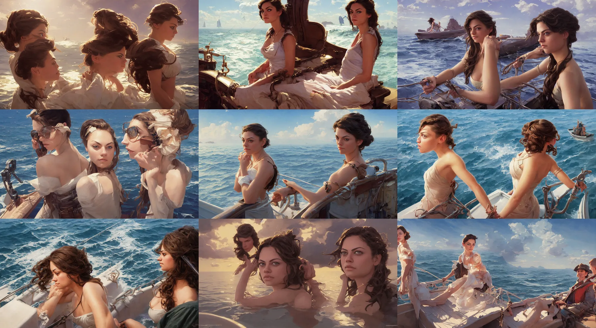 Prompt: sargent and leyendecker and greg hildebrandt, head and shoulders portrait of a mila kunis girl on a boat out at sea, stephen bliss, unreal engine, fantasy art by greg rutkowski, loish, rhads, ferdinand knab, makoto shinkai, ilya kuvshinov, rossdraws, global illumination, radiant light, detailed and intricate environment