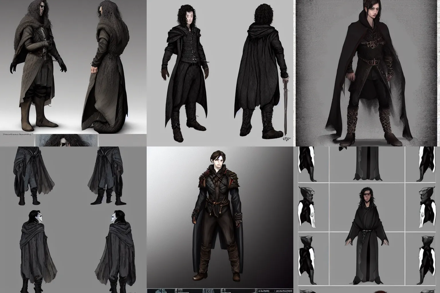 Prompt: Milori is a shorter person. Very narrow features, with black curly hair. His skin is pale, almost like snow. He wears a dark cloak over form fitting clothes, featured on artstation