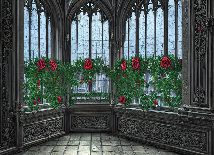 Image similar to epic gothic mansion, ornate windows, growing vines with roses, highly detailed, ink illustration by marc simonetti, 8 k render, peter mohrbacher, hyper detailed, intricate, elite, ornate, blue paper with silver ink, luxury, dramatic lighting, cgsociety, hypermaximalist, environmental key art, octane render, weta digital, ray trace 4 k