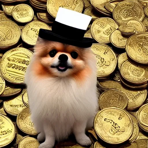 Image similar to A pomeranian wearing a top-hat, sitting on top of a large pile of gold coins