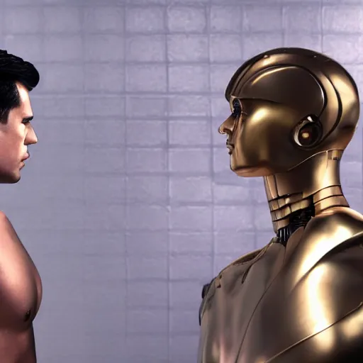 Image similar to a realistic detailed photo of a guy who is an attractive humanoid who is half robot and half humanoid, who is a male android, attractive and handsome soccer players, shiny skin, posing like a statue, blank stare, in a factory, on display, showing off his muscles, gold soccer shorts, side view, looking at each other mindlessly