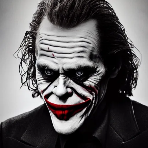 Image similar to willem dafoe as the joker, movie poster, superrealism, quality, post - production, image depth, focus, fine details, skin pores, makeup, gloomy, mysterious, hazy, 8 k