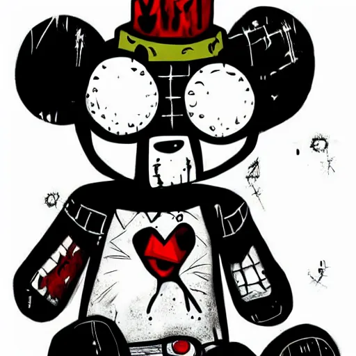 Image similar to grunge drawing of a teddy bear with bloody eyes by - invader zim, loony toons style, horror theme, detailed, elegant, intricate