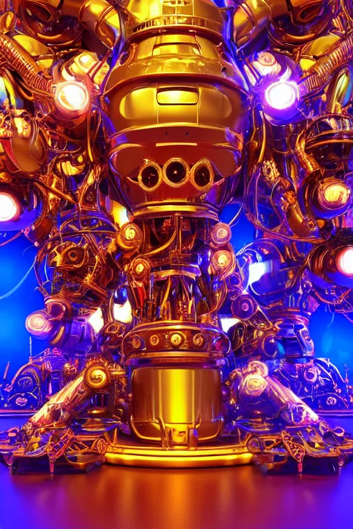 Image similar to portrait photo of a giant huge golden and blue metal futuristic steampunk robot covered with multicolored big gears and tubes, a huge steampunk drumset, eyes are glowing red lightbulbs, shiny crisp finish, 3 d render, 8 k, insaneley detailed, fluorescent colors, background is multicolored lasershow