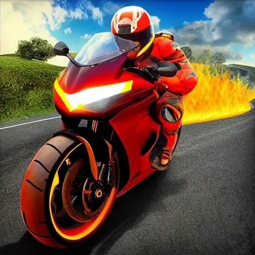 Image similar to new aesthetic and fast motorcycle. Flaming roads. photo realistic. high details. race. hyper realistic