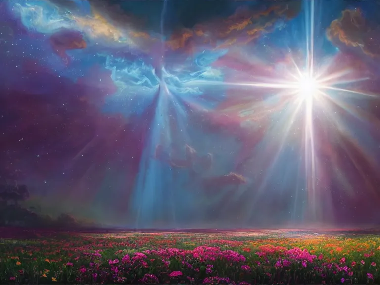 Image similar to a fine fantastic realist comic book style painting of a glorious place where the heavens open to the great cosmos, where flowers are launched into the unknown 8 k, ultra realistic, lens flare, atmosphere, glow, detailed, intricate, full of colour, cinematic lighting, trending on artstation, 4 k, hyperrealistic, focused, extreme details, unreal engine 5, cinematic, masterpiece