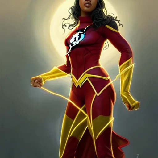 Prompt: Candice Patton as Flash, western, D&D, fantasy, intricate, elegant, highly detailed, digital painting, artstation, concept art, matte, sharp focus, illustration, art by Artgerm and Greg Rutkowski and Alphonse Mucha