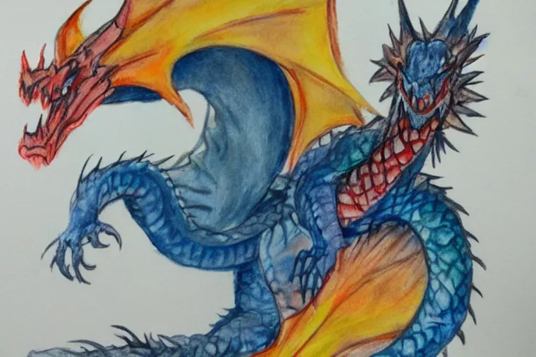 Prompt: a child's watercolor pencil painting of fire - breathing dragon.