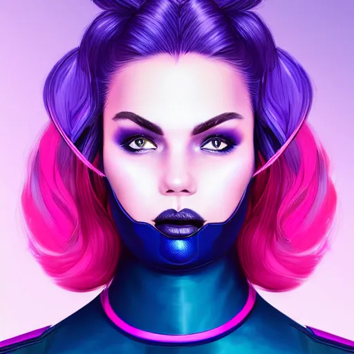 Prompt: a stunning upper body portrait of a beautiful young woman wearing futuristic navy blue and teal battle bodyarmor, ombre purple and pink hairstyle, hair blowing in the wind by marvel comics, digital art, trending on artstation