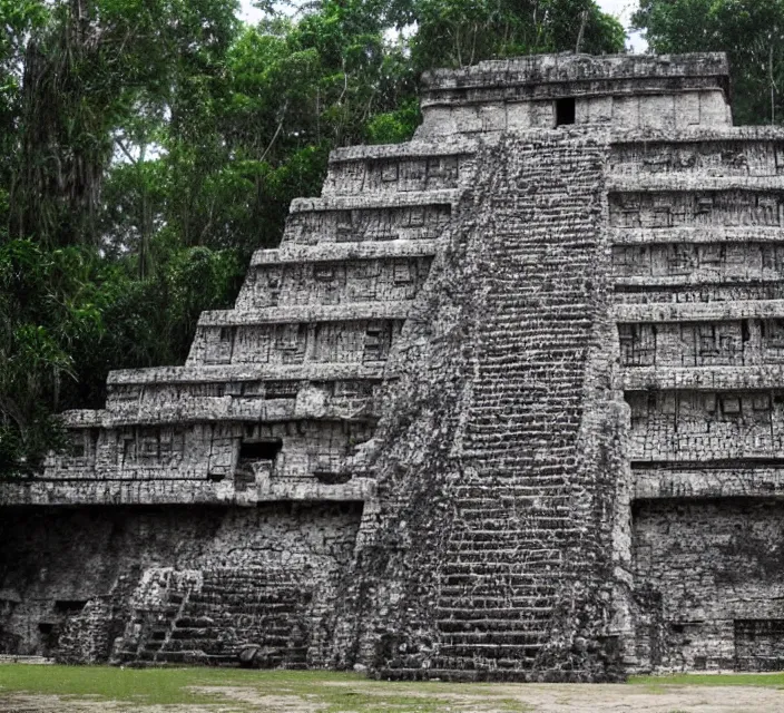 Image similar to mayan temple in form of punisher skull. background jungle