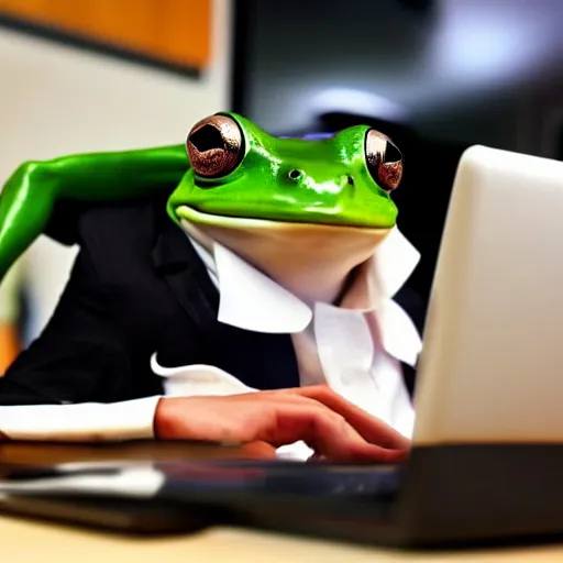 Prompt: picture of a frog in a suit at the office, he is behind a computer, 4K