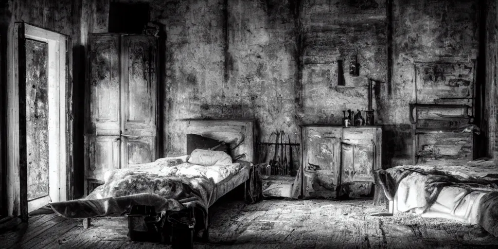 Image similar to a very dark room at night lit only by candlelight, black and white, grungy