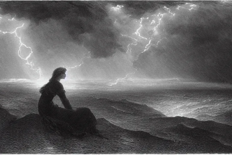 Image similar to black and white, young french woman sits near storm ocean, illuminated by a beam of light through detailed clouds, Gustave Dore lithography