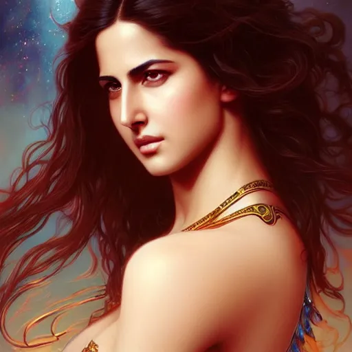 Image similar to beautiful young katrina kaif, closeup, d & d, fantasy, intricate, elegant, highly detailed, digital painting, artstation, concept art, matte, sharp focus, illustration, art by artgerm and greg rutkowski and alphonse mucha