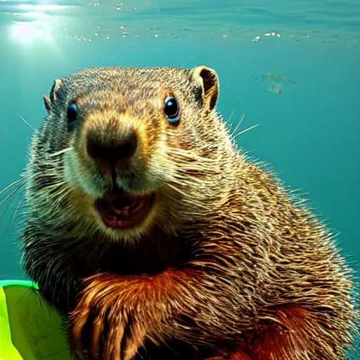 Prompt: a groundhog diving, realistic, underwater bubbles