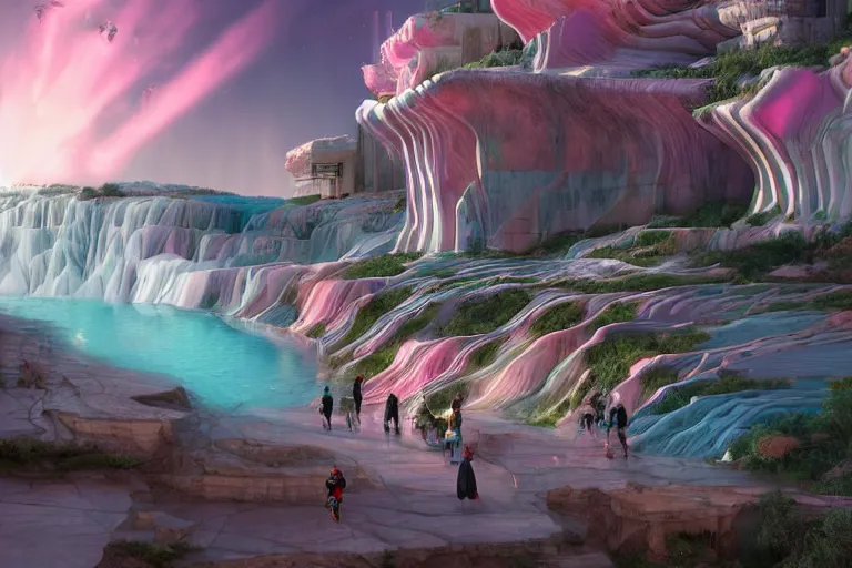 Prompt: advanced cyberpunk town with expensive cars on city and pedestrians biking along pamukkale flowing down gold travertine terraces in royal blue antelope canyon during sakura season on an interstellar aurora borealis, pink waterfalls, lush chic garden, by peter mohrbacher, james jean, james gilleard, greg rutkowski, vincent di fate, rule of thirds, octane render, beautiful landscape