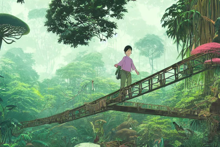 Prompt: a young indiana jones on a suspended wooden bridge entering a vast jungle with a distant clearing, giant mushrooms, half hidden bali moussu statue, white parrots flying, large rocks with thick moss, banana trees, beautiful large flowers, god rays light. very graphic illustration by moebius and victo ngai, ghibli spirited away vibe, dynamic lighting, night mood