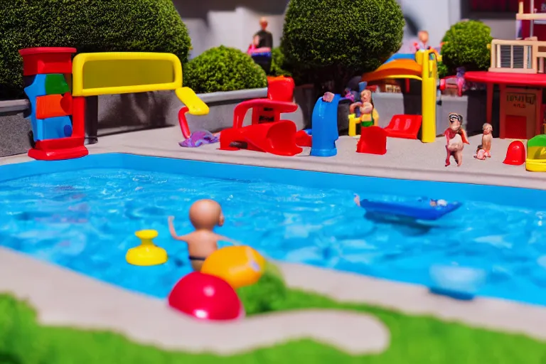 Prompt: fisher price public pool, california, in 2 0 1 5, perfect focus, scene from tv show hyper detailed 5 5 mm 8 5 mm, toy photography, made out of plastic
