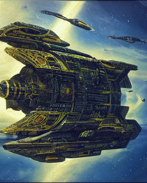 Image similar to serenity spaceship, hyper realistic, fantasy art, in the style of chris foss, intricate, hyper detailed, smooth