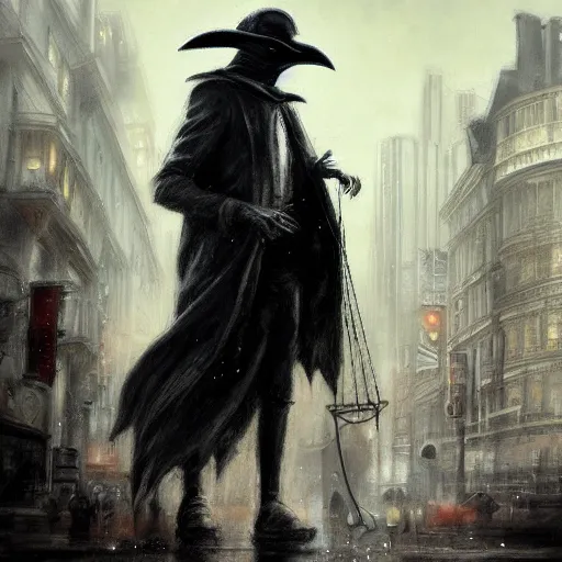 Image similar to plague doctor walking the streets of london by raymond swanland, highly detailed,