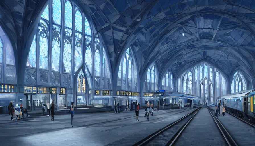 Prompt: futuristic neo - gothic london's church train station with blue windows and giant white dome on top, day, hyperdetailed, artstation, cgsociety, 8 k