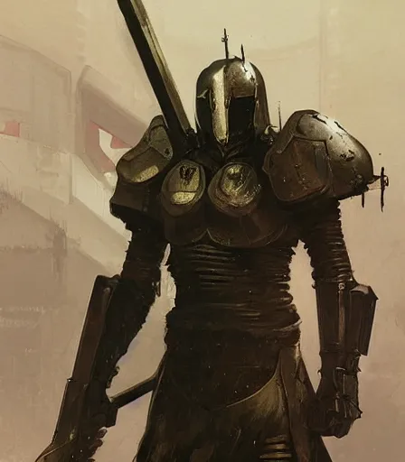 Image similar to Knights Templar wearing sci-fi destiny video game armor concept art, muted colors, intricate painting, by John Harris, Emil Melmoth, Craig Mullins, yoji shinkawa, artstation, moebius comic, Marc Simonetti, lan McQue, Kentaro, Miura, hyper detailed, cinematic