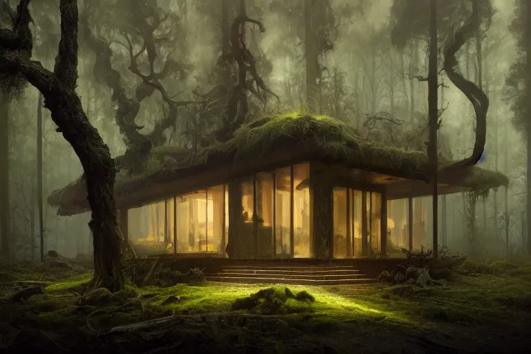 Image similar to a 1 9 5 0 s luminous house in the middle of a dark, gloomy, misty forest enveloped in moss and bark, illustrated by greg rutkowski and gaston bussiere, trending on artstation, intricately defined, complexly detailed, cgsociety contest winner, zbrush, mannerism, 4 k, grim lighting, misty atmosphere