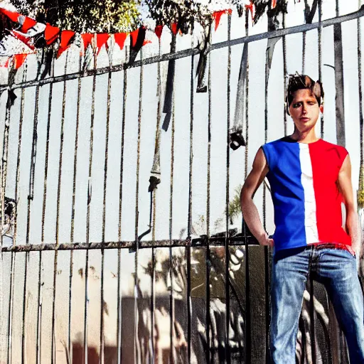 Prompt: Young man standing looking to the right in a red bandana, blue striped shirt, gray vest and a gun with a partly cloudy sky in the background. The young man is standing in front of an iron fence. Photograph. Real life