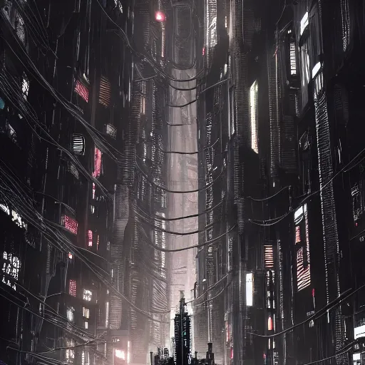 Image similar to Fully dark cyberpunk city with one building in the middle with only one window shining in style of Tsutomu Nihei. ArtStation, Cyberpunk, Vertical Symmetry, 8K, Highly Detailed, Intricate, Album Art.