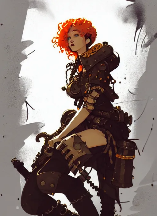 Image similar to highly detailed portrait of a sewer punk lady paladin, tartan vestments, curly blonde hair by atey ghailan, by greg rutkowski, by greg tocchini, by james gilleard, by joe fenton, by kaethe butcher, gradient, orange, black, brown and cream color scheme, grunge aesthetic!!! white graffiti tag wall background
