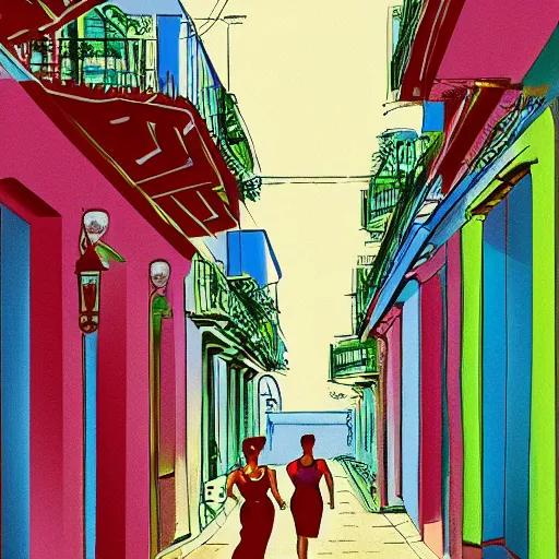 Prompt: illustration of a beautiful cuban woman in havana full body walking down the street from behind