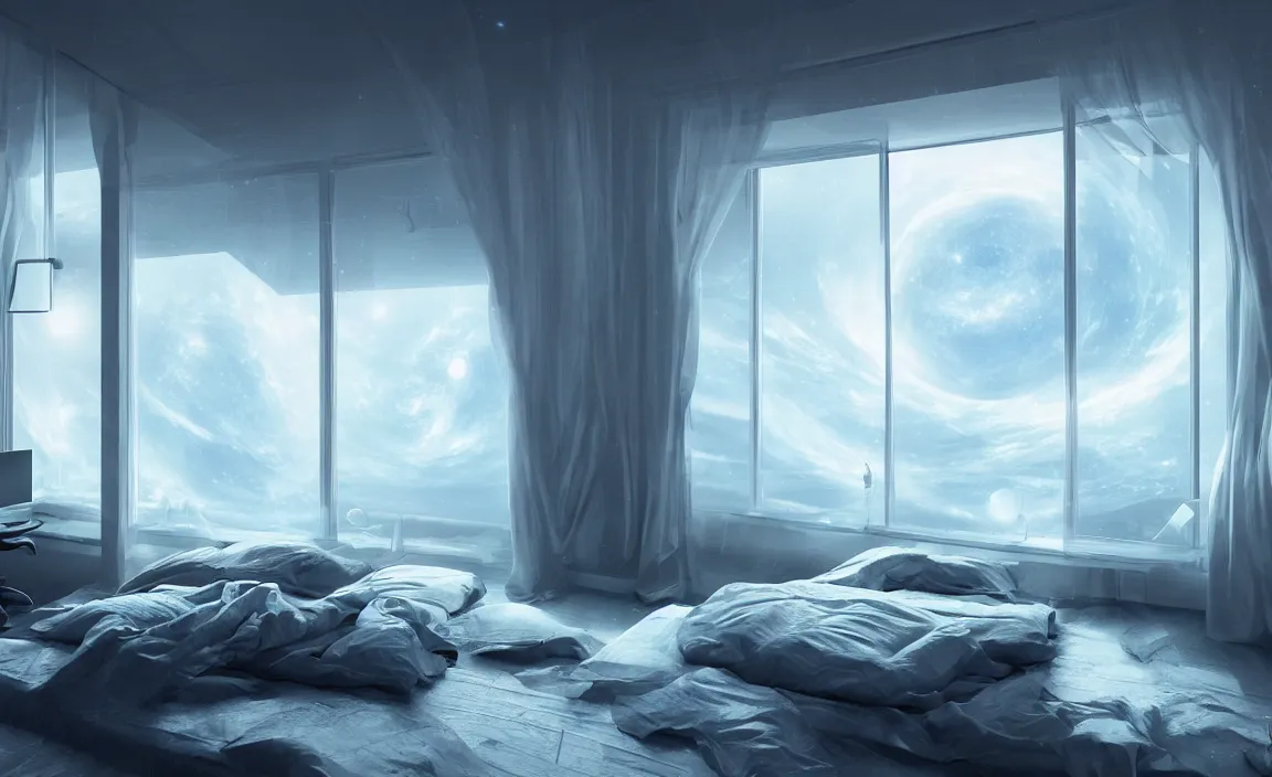 Prompt: in a bedroom, white bed, desk, computer, warm light, floor to ceiling window, the nightsky outside the window. future science fiction. game cg, hyperdetailed, trending on cgsociety