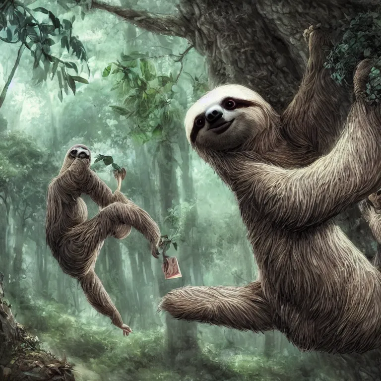 Prompt: A playful cute sloth talking to a shy fairy. award winning. superb resolution. in the art style of junji Ito and greg rutkowski. Detailed dark forest in background. Hyper realistic anime. Perfect art.