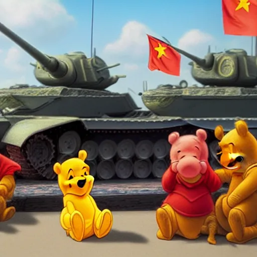 Image similar to winnie the pooh at tiananmen square sitting down on road in front of line of chinese tanks, award winning photography, extremely detailed, artstation, 8 k, sensual lighting, incredible art, wlop, artgerm