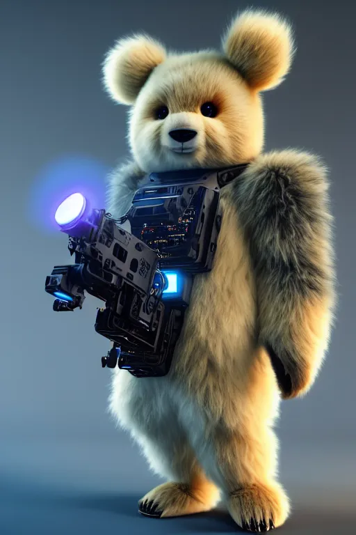 Prompt: high quality 3 d render very cute fluffy cyborg!! bear! plays electric viola, cyberpunk highly detailed, unreal engine cinematic smooth, in the style of blade runner & detective pikachu, hannah yata charlie immer, moody light, low angle, uhd 8 k, sharp focus