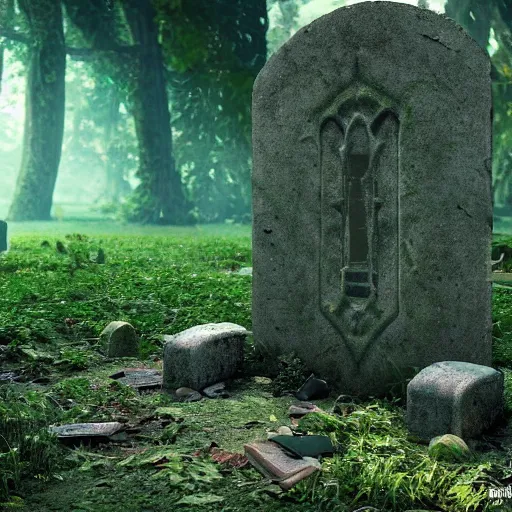 Image similar to side view of a beautiful abandoned tombstone with an embedded emerald laying on the ground, overgrown foliage taking over it, deep forest in the background, biopunk, bokeh, beautiful, lens flare, emotional, detailed, picture, trending on artstation, award - winning, shiny, golden, octane render