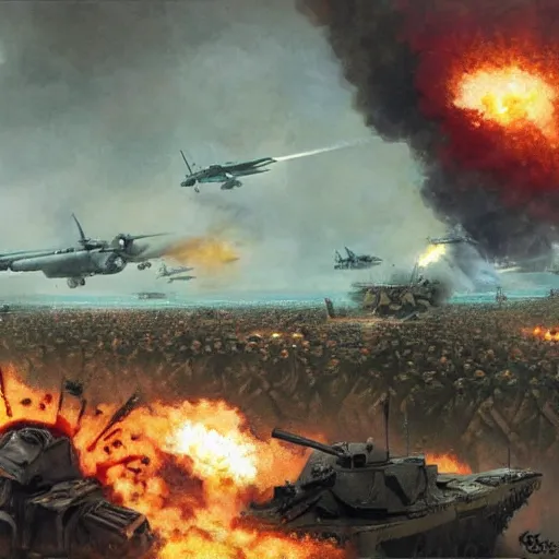 Image similar to all of the soldiers landing at france in 1 9 4 4 d - day and they're all fighting the germans in the background there is a huge explosion in a couple of german bunkers by greg rutkowski