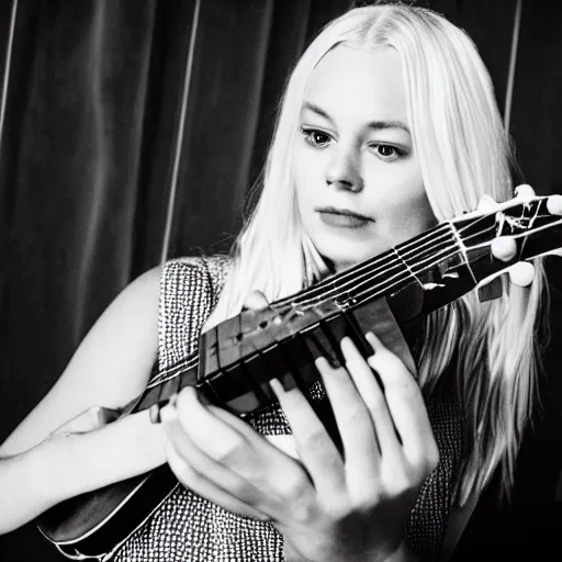 Phoebe Bridgers playing a ukulele, black and white | Stable Diffusion ...