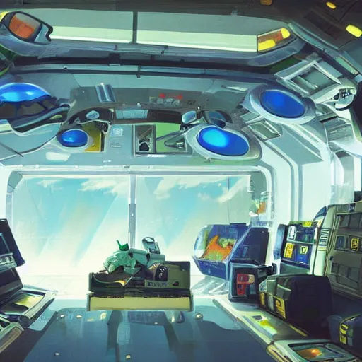 Prompt: Interior of a space station cluttered with electronics and science experiments, Sci-fi, View of earth from the window, Atmosphere, Dramatic lighting, Epic composition, Low angle, Wide angle, by Miyazaki, Nausicaa Ghibli, Breath of The Wild