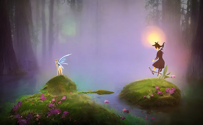 Image similar to a fairy riding a heron high over a misty nighttime lake, ambient lighting, light bloom, cool lighting, in the style of fantasy art and Over the Garden Wall!!