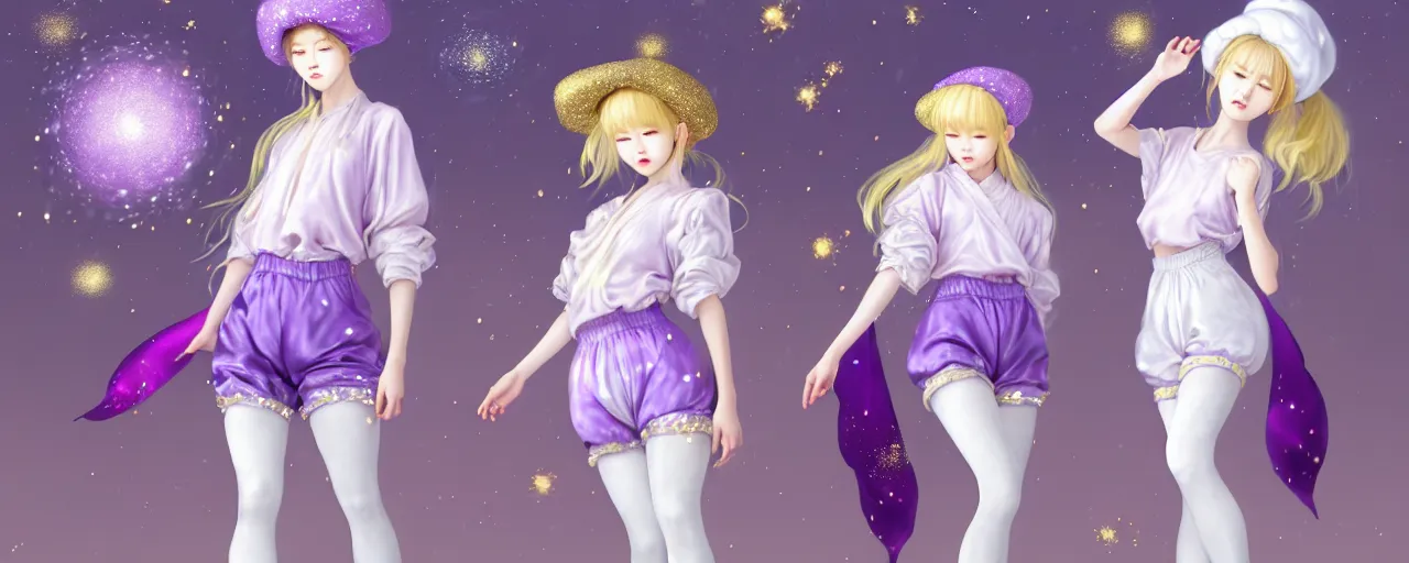 Image similar to Full View of a mysterious kpop fairy maidens with short blond hair wearing an oversized purple Beret, Baggy Purple overall shorts, Short Puffy pants made of silk, silk shoes, a big billowy scarf, Golden Ribbons, white leggings Covered in stars. Short Hair. peasant magic. masterpiece 4k digital illustration by Ruan Jia and Mandy Jurgens and Artgerm and william-adolphe bouguereau, award winning, Artstation, art nouveau aesthetic, Alphonse Mucha background, intricate details, realistic, panoramic view, Hyperdetailed, 8k resolution, intricate art nouveau, smooth, sharp focus